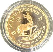 Quarter gold Krugerrand dated 2017, proof, limited to 5,000, contained in a bespoke box