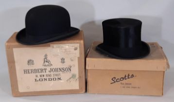 Vintage top hat by Scott & Co, interior size 20.5 x 17.5cm, together with a 1950's bowler hat by