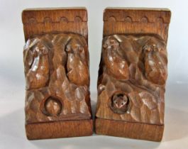 From the workshop of Robert `Mouseman’ Thompson a pair of oak Triple Mice bookends, ( Damage to