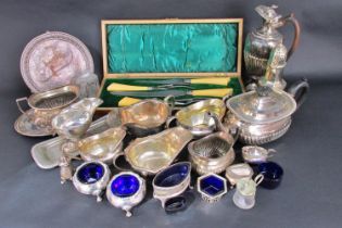 A silver plated selection of matching and near matching salt cellars, mustard pots etc, four sauce