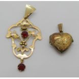 Edwardian 9ct pendant set with paste and a 9ct back and front heart shaped locket, 3g total