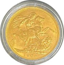 Edward VII gold sovereign dated 1908, circulated, contained in a bespoke box