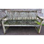 A weathered teak three seat garden bench with slatted seat and back, 150cm long