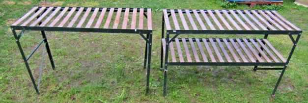 Three green painted aluminium greenhouse potting tables/staging, with open slatted tops, the