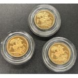 Queen Elizabeth II three and a half gold sovereigns dated 1984, 1986, 2004, proof, contained in a