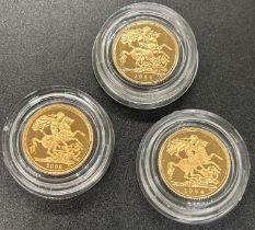 Queen Elizabeth II three and a half gold sovereigns dated 1984, 1986, 2004, proof, contained in a