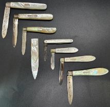 A collection of seven mother of pearl and silver fruit knives, various makers, together with a