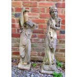 A weathered cast composition stone ornament in the form of a standing pensive scantily clad