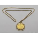 Sovereign dated 1891, mounted in a scrolled 9ct pendant mount, hung from a 9ct rope twist chain