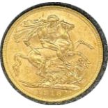 George V gold sovereign dated 1918, circulated, contained in a circular container