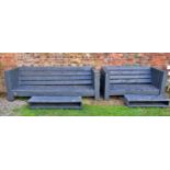 A painted and weathered three seat garden bench and matching low stool/table, bespoke made from