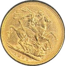 Victorian gold sovereign dated 1892, circulated, contained in a circular container