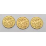 Three full George V sovereigns (1913 x 2 and 1914 x 1)