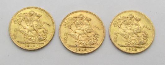 Three full George V sovereigns (1913 x 2 and 1914 x 1)