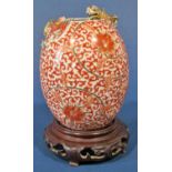 Chinese Republic period oval vase/water pot with intricate iron-red and gold scrolling lotus