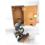 A E.Leitz Welzlar bi-focal microscope with spare lenses in a wooden case