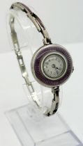 An Art Deco period German silver and purple guilloche enamel cased wristwatch, 10mm enamelled