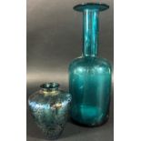 A Royal Brierly oil slick vase in the Loetz style, 10.5cm tall and a blue glass slender necked