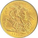 George V gold sovereign dated 1912, circulated, contained in a circular container
