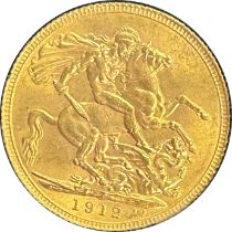 George V gold sovereign dated 1912, circulated, contained in a circular container