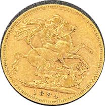 Victorian gold sovereign dated 1894, circulated