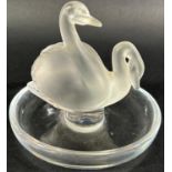 A Lalique Crystal double swan pin tray engraved Lalique France to base, 10cm diameter x 9.5cm high