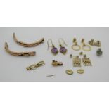 Group of 9ct jewellery to include a pair of amethyst drop earrings, a watch bracelet (af), etc, 12.