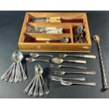 A mixed selection of silver plated flatware including teaspoons, pickle forks and a 30 cm long