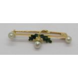 Antique yellow metal acorn design brooch, set with three pearls and with green enamelled oak leaves,