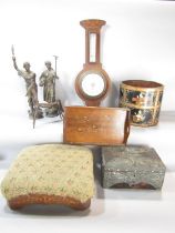 A miscellaneous collection of items including a small Edwardian mahogany banjo barometer, a