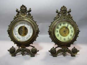 A pair of Victorian desk pieces, an eight day timepiece and an aneroid barometer, both with matching