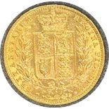 Victorian gold sovereign dated 1880, circulated, contained in a circular container