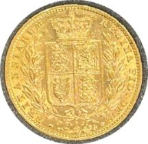 Victorian gold sovereign dated 1880, circulated, contained in a circular container