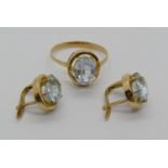 Foreign yellow metal blue spinel ring, size R and matching pair of earrings, indistinctly stamped,