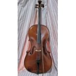 A cello bearing no labels or makers marks overall length 130 cm long with bow and hard carry case