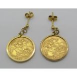 Pair of 9ct half sovereign earrings dated 1907 and 1910, 10.4g total