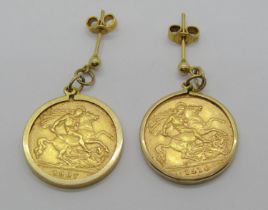 Pair of 9ct half sovereign earrings dated 1907 and 1910, 10.4g total