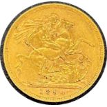 Victorian gold sovereign dated 1894, circulated