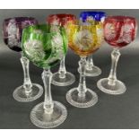 Six multicoloured Czech bohemian cut glass hock glasses with faceted stems, 9.5cm high