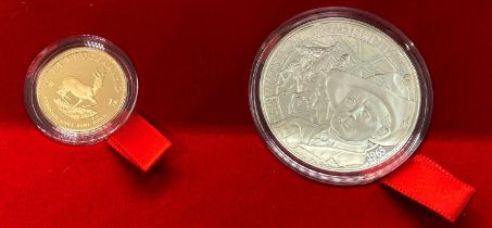 Gold Quarter Krugerrand together with a 1oz silver medallion, dated 2015, proof, Winston