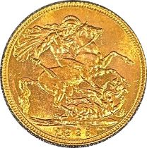 George V gold sovereign dated 1925, circulated, Churchill type, contained in a bespoke burr box