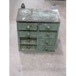 A small old painted pine wall mounted chest of eight small drawers 36 cm wide x 21 cm deep x 34 cm