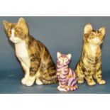 A Crown Derby Imari cat (gold stopper) together with two Winstanley cats signed by Mike Hinton