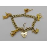 9ct curb link charm bracelet with heart padlock clasp, hung with five good quality animal charms