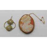 9ct cameo brooch, 6g and a yellow metal pendant set with white stones, 2.3g (2)