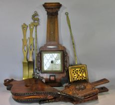 1930s oak wall barometer, two oak bellows, a chestnut roaster and a toasting fork