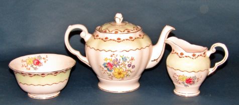 A Tuscan pink/green tea service for six, etched ruby glass vase, Japanese teapot, etc