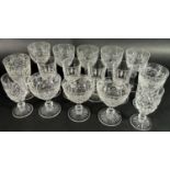 A mixed selection of clear cut glass, including four boxed Galway Irish Crystal wine glasses, brandy