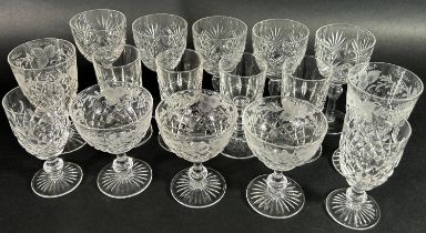 A mixed selection of clear cut glass, including four boxed Galway Irish Crystal wine glasses, brandy