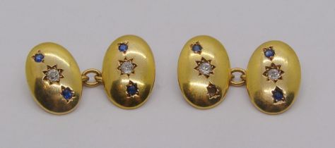 Pair of late Victorian 18ct sapphire and diamond cufflinks, Chester 1895, 9.7g total (af one